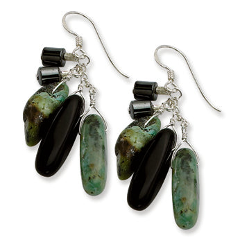 Sterling Silver Hematite, Black Agate & Turquoise Earrings