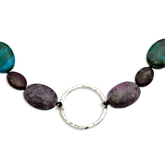 Sterling Silver Lepidolite-Stabilized Chrysocolla w-Twill Tie Necklace