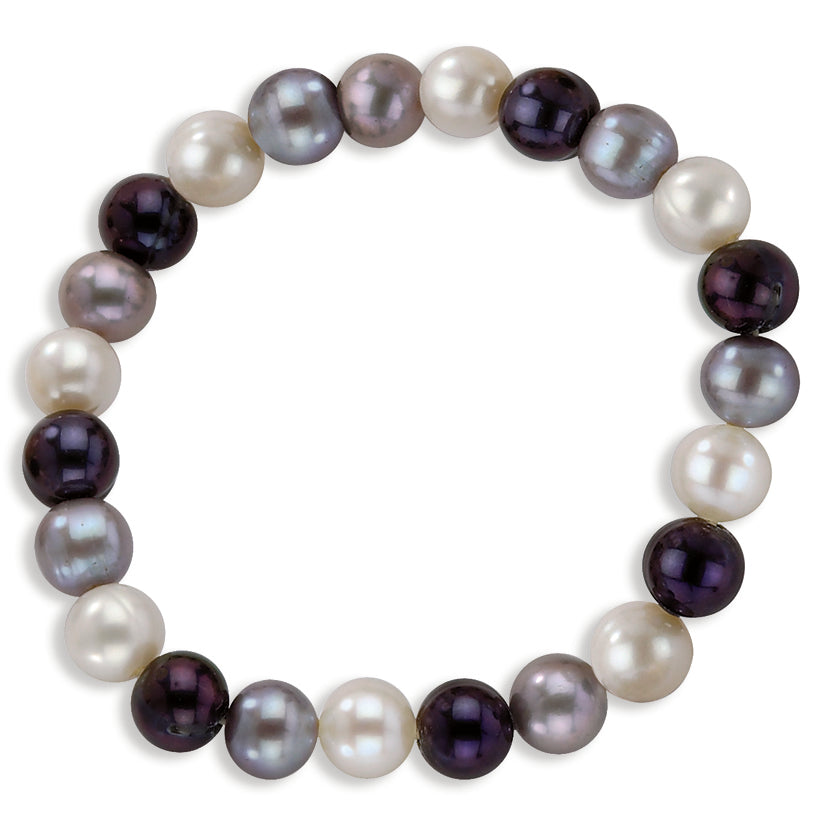 8-8.5mm Freshwater Cultured White-Platinum-Black Stretch Bracelet