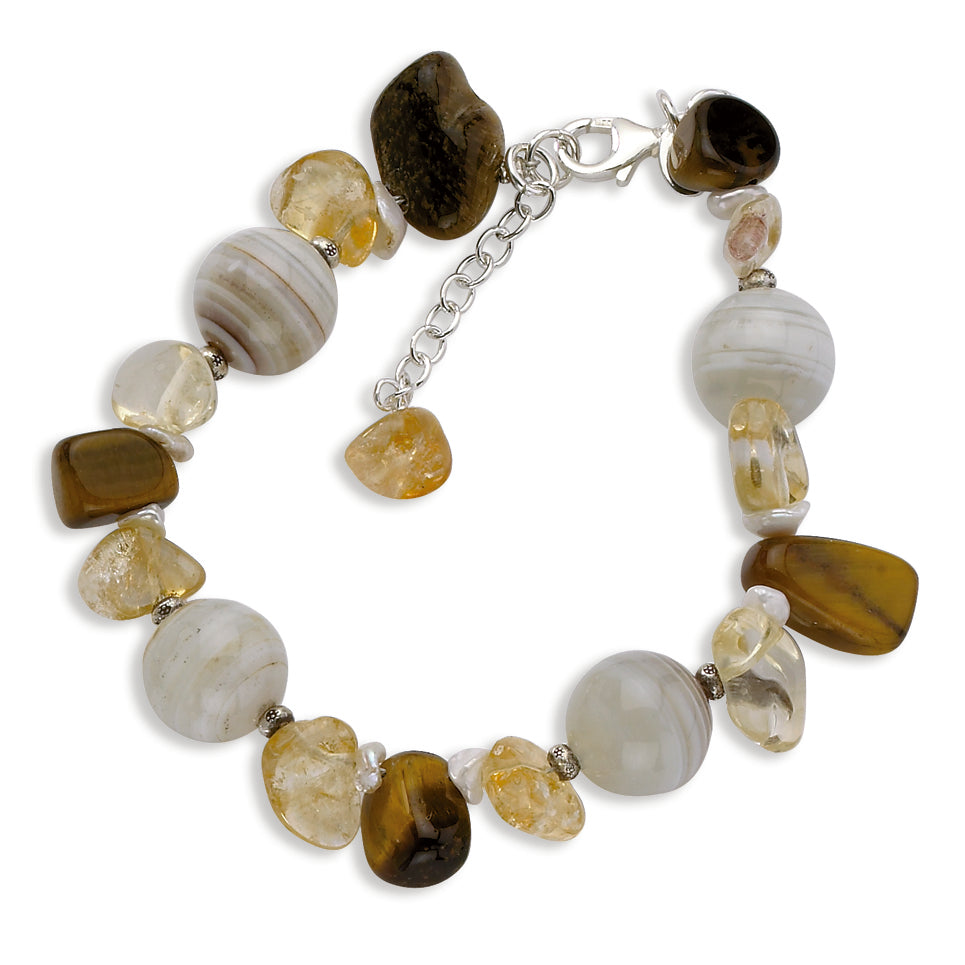 Sterling Silver Citrine-FW Cultured Pearl-Sardonyx & Tigers Eye Bracelet