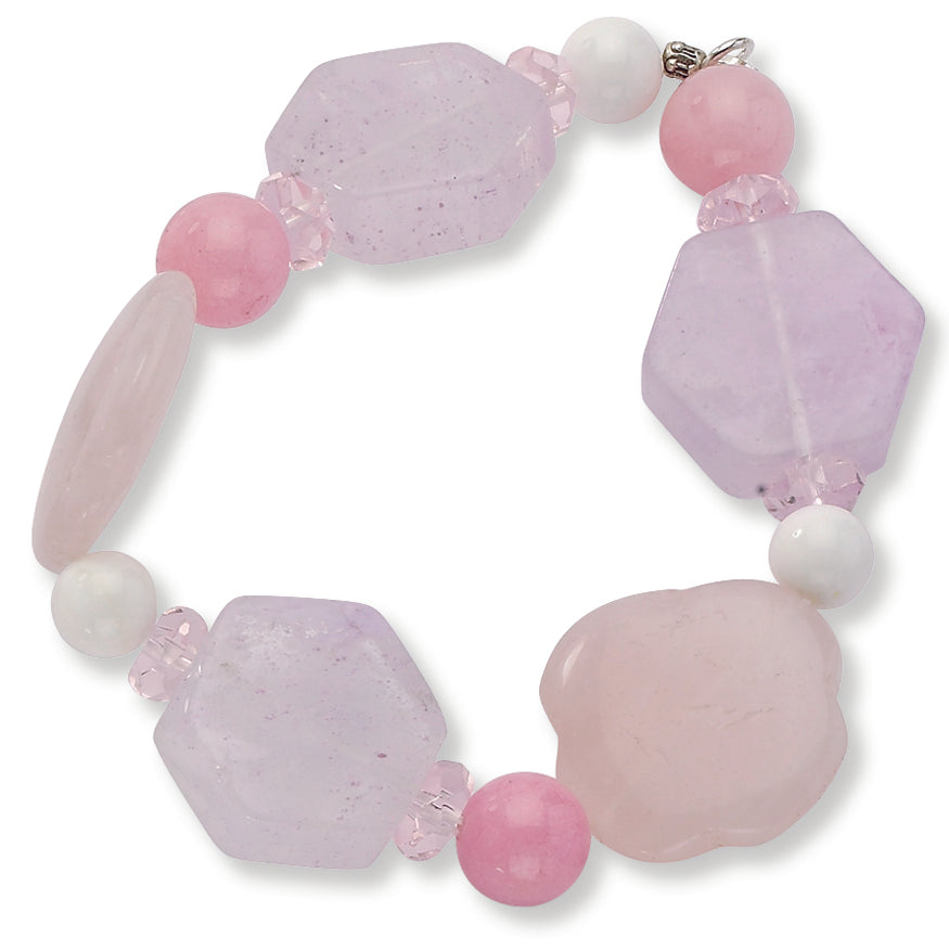 Sterling Silver Pink Crystal-Ice & Rose Quartz-Jade Stretch Bracelet