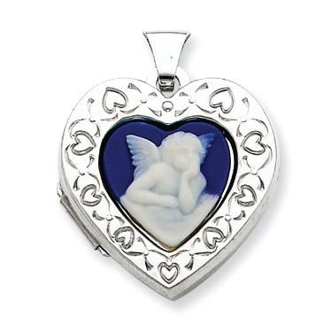 Sterling Silver Angel Agate Cameo 21mm 2-Frame Heart Locket