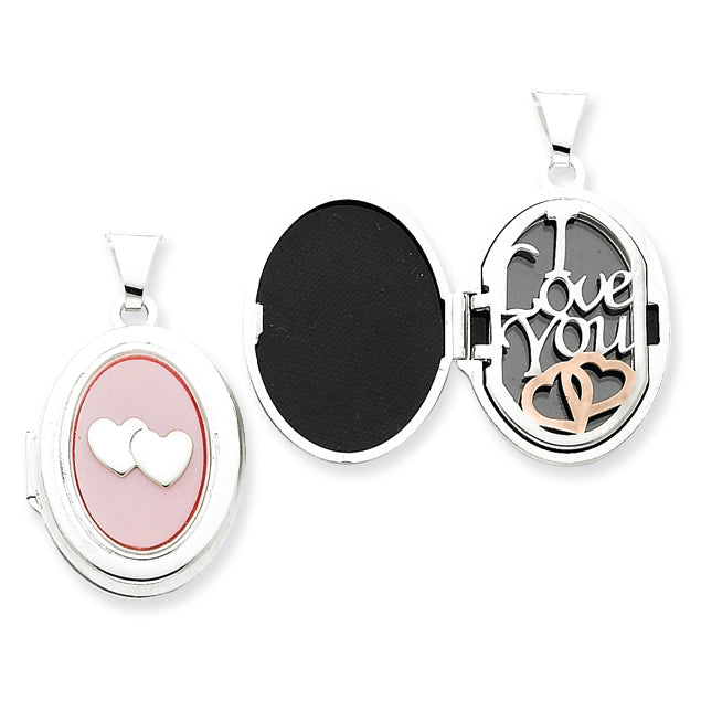 Sterling Silver Pink Mother of Pearl Double Heart 21mm Oval Locket