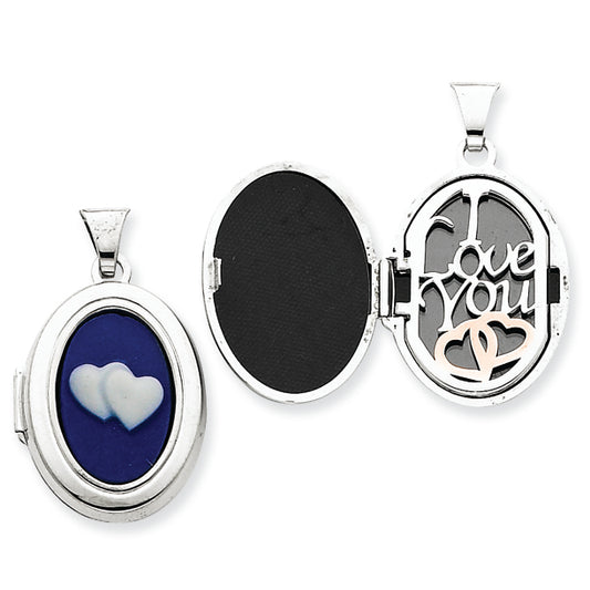 Sterling Silver Double Heart Agate Cameo 21mm Oval Locket