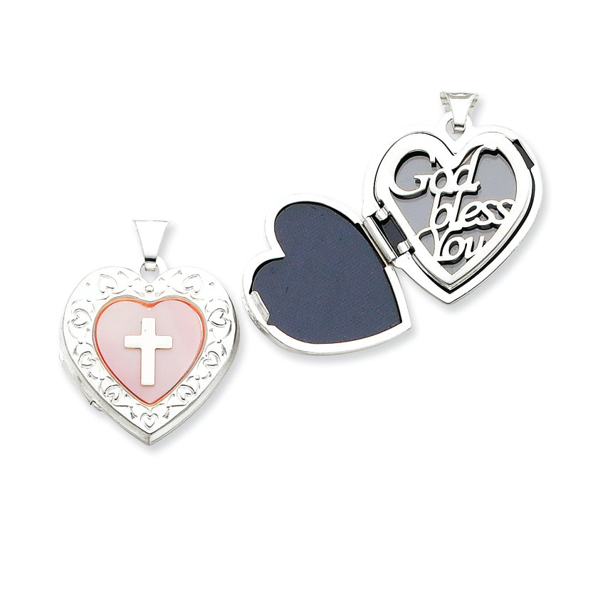 Sterling Silver Pink Mother of Pearl with Cross 21mm Heart Locket