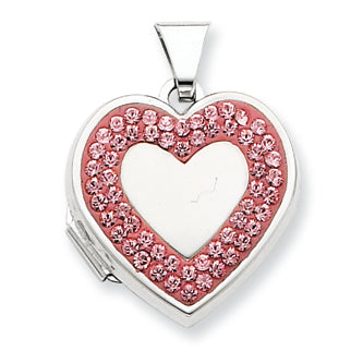 Sterling Silver 18mm Heart Light Rose Crystal Border Locket