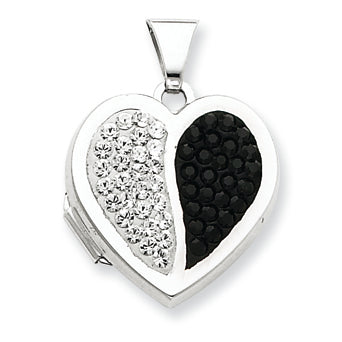 Sterling Silver 18mm Heart Black and White Crystal Locket