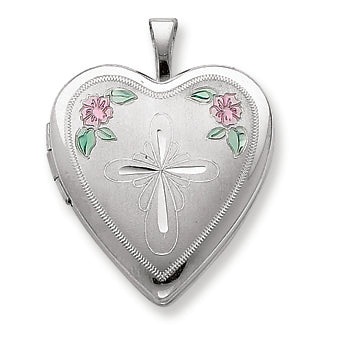 Sterling Silver 20mm Enameled Flower and Cross Heart Locket