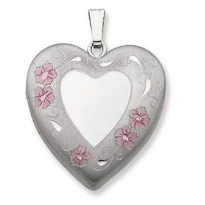 Sterling Silver 24mm Enameled Floral Border Family Heart Locket
