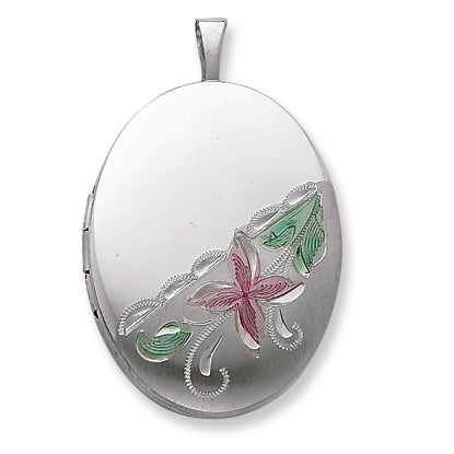 Sterling Silver 20mm Enameled Fower Oval Locket