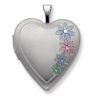 Sterling Silver 20mm Enameled Floral Heart Locket