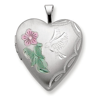 Sterling Silver 20mm Enameled Flower and Bird Heart Locket