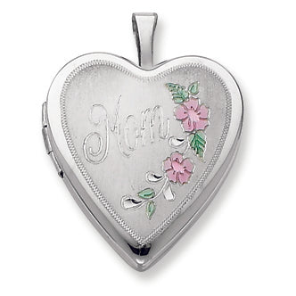 Sterling Silver 20mm Enameled Floral Mom Heart Locket