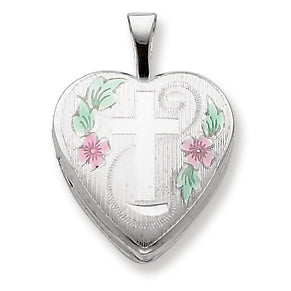 Sterling Silver 20mm D-C & Enameled Cross & Flowers Heart Locket