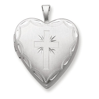 Sterling Silver 20mm Satin & D-C Cross Heart Locket