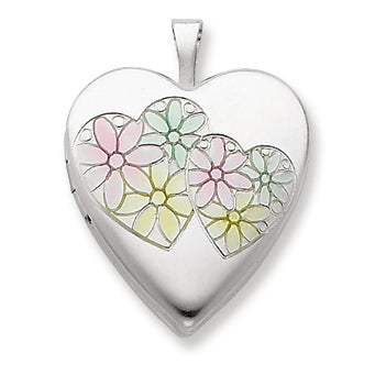Sterling Silver 20mm Satin & Enameled Hearts & Flower Heart Locket