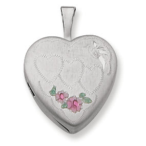 Sterling Silver 16mm Satin & D-C Hearts & Bird Locket