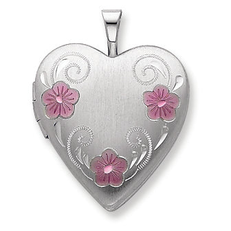 Sterling Silver 20mm Satin, D-C & Enameled Flower Heart Locket