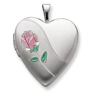 Sterling Silver 20mm Satin, Enameled, D-C Floral Heart Locket