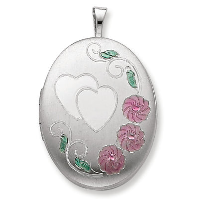 Sterling Silver 20mm Enameled, D-C Floral & Heart Oval Locket