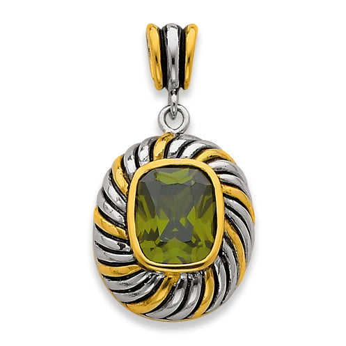Sterling Silver Gold-plate Antiqued Olive Green CZ Pendant
