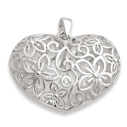 Sterling Silver Flower Filigree Design Puffed Heart Pendant