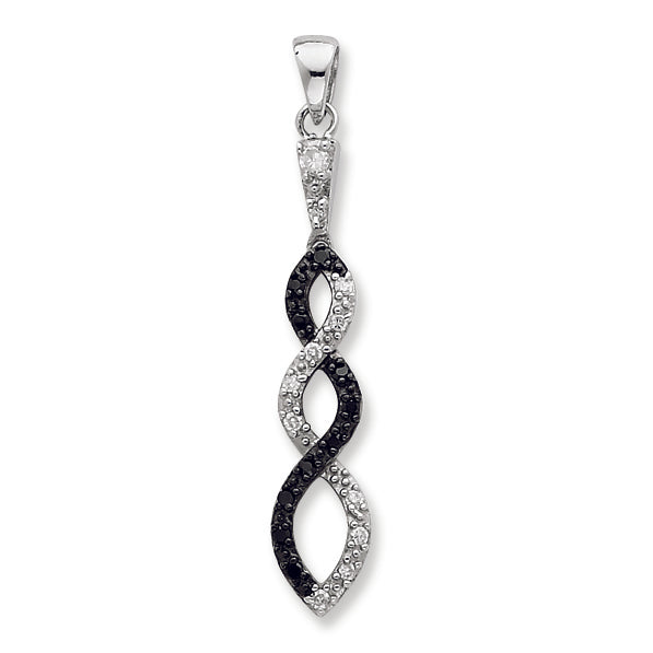 Sterling Silver and Black Rhodium w-Black and White CZ Twisted Pendant