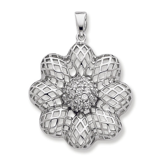 Sterling Silver Puffed Wire Flower w- Center CZ Pendant