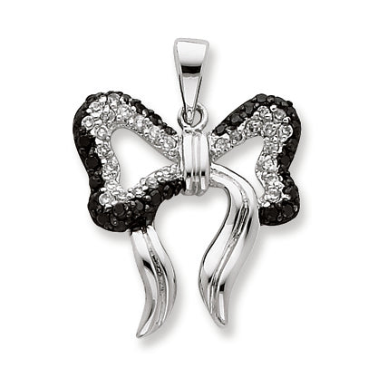 Sterling Silver Black Plating w- Black and White CZ Bow Pendant