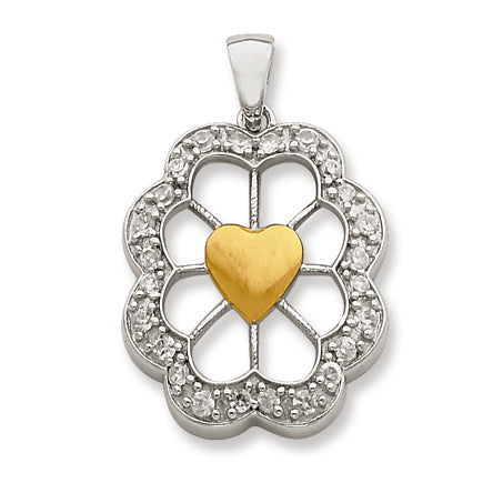 Sterling Silver & Vermeil Oval Floral Heart CZ Pendant