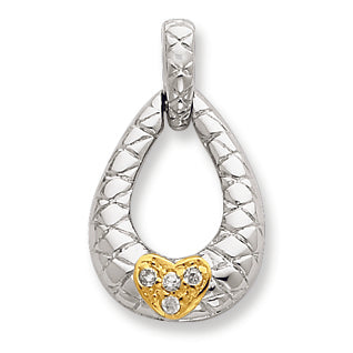 Sterling Silver Cross-Cut Design w- Gold-Plated Heart & CZ Teardrop Pendant