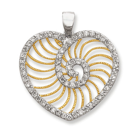 Sterling Silver CZ Swirl Heart w- Gold-Plated Lines Pendant