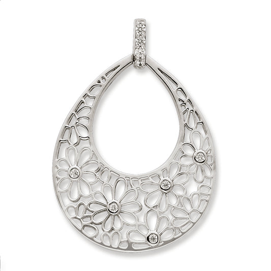 Sterling Silver Flower Cut Out w- CZ Teardrop Pendant