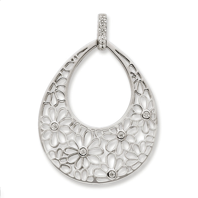 Sterling Silver Flower Cut Out w- CZ Teardrop Pendant