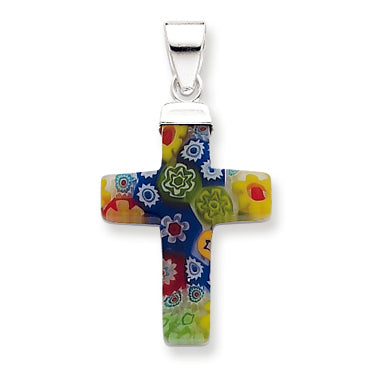Sterling Silver Multicolored Glass Polished Cross Pendant
