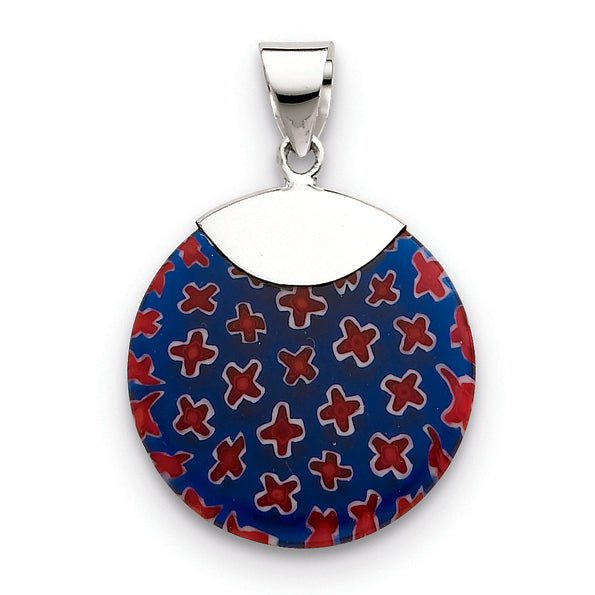 Sterling Silver Blue & Red Glass Stone Polished Round Pendant