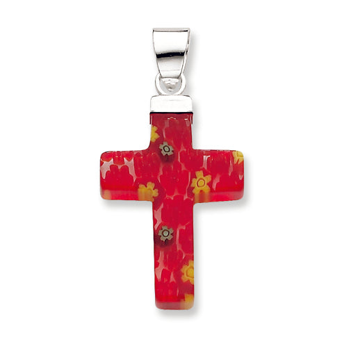 Sterling Silver Red Glass Polished Cross Pendant