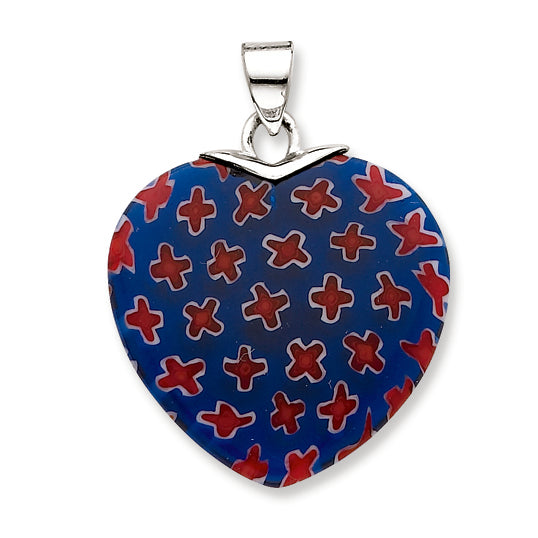Sterling Silver Blue & Red Glass Stone Polished Heart Pendant