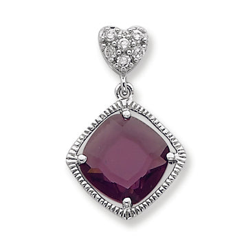 Sterling Silver Small CZ Heart w- Hanging Purple Square CZ Pendant