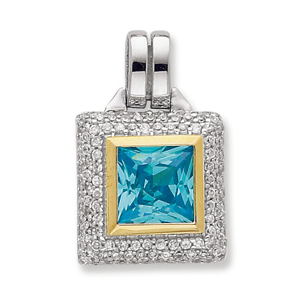 Sterling Silver Square Aqua CZ w- Gold-Plated Edge CZ Pendant