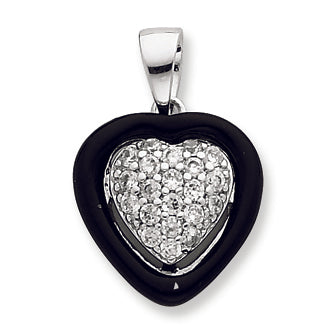 Sterling Silver Onyx & CZ Heart Pendant