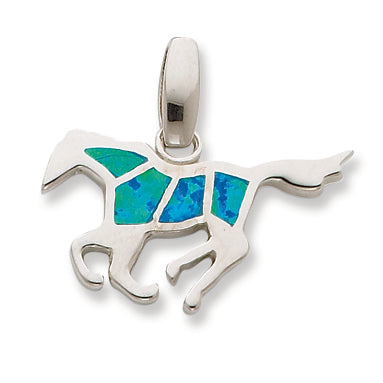 Sterling Silver Created Blue Opal Inlay Horse Pendant