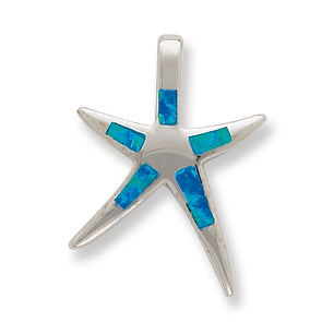 Sterling Silver Created Blue Opal Inlay Flat Starfish Pendant