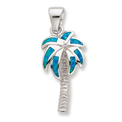 Sterling Silver Created Blue Opal Inlay Palm Tree Pendant