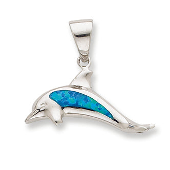 Sterling Silver Created Blue Opal Inlay Dolphin Pendant