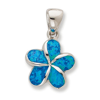 Sterling Silver Created Blue Inlay Opal Flower Pendant