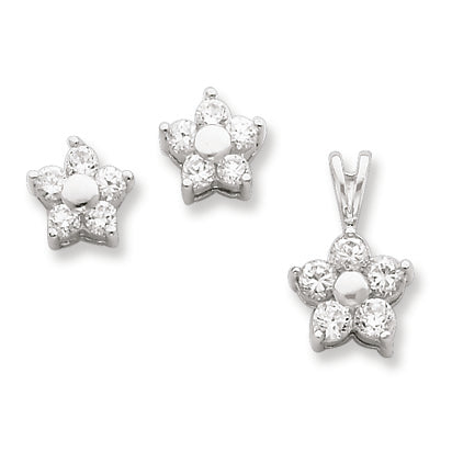 Sterling Silver CZ Flower Pendant & Earring Set