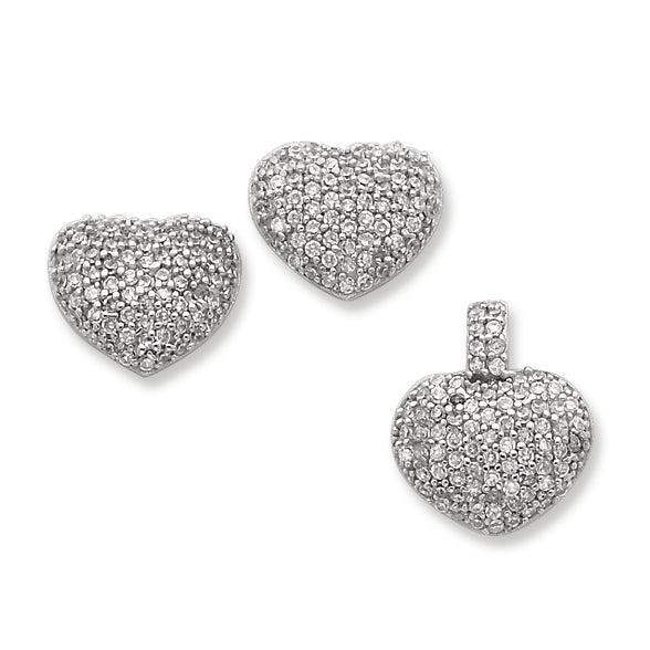 Sterling Silver CZ Heart Post Earrings and Pendant Set