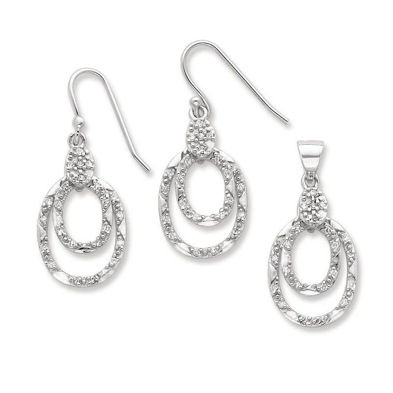 Sterling Silver CZ Ovals Wire Earrings and Pendant Set