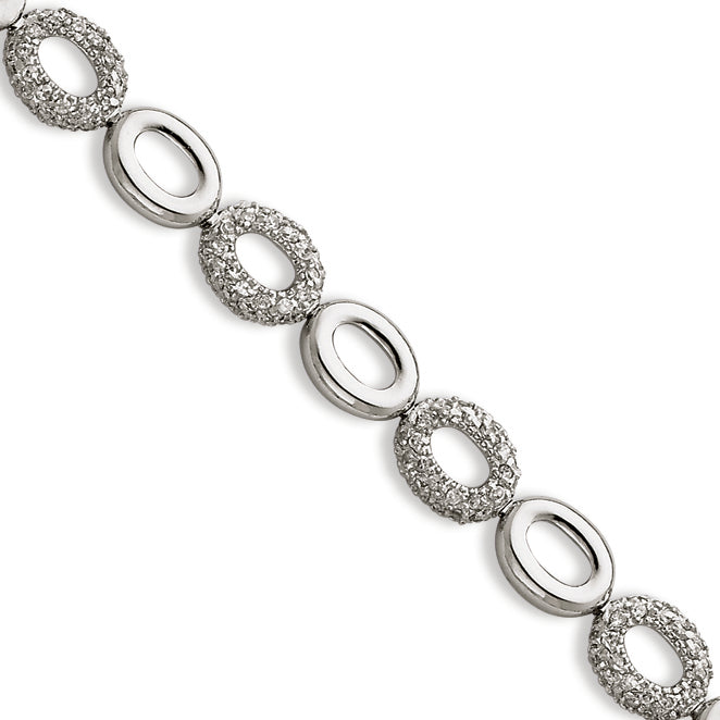 Sterling Silver 7.5in Alternating Polished & CZ Ovals Bracelet